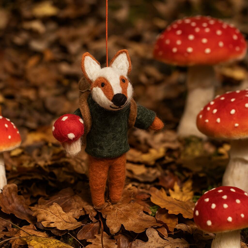 Handmade Felt Frankie Foraging Fox Decoration, 1 of 5