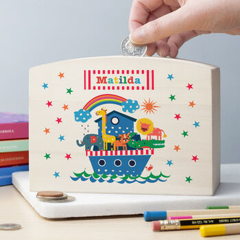 Personalised Noah's Ark Wooden Money Box, 2 of 8
