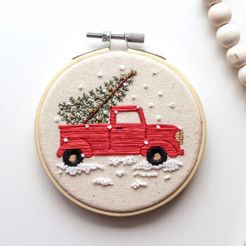 Red Christmas Truck With Tree And Snowy Scene Beginner Embroidery Kit, Hand Embroidery, 3 of 6