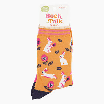 Women's Bamboo Socks Orange Rabbits And Flowers, 3 of 5