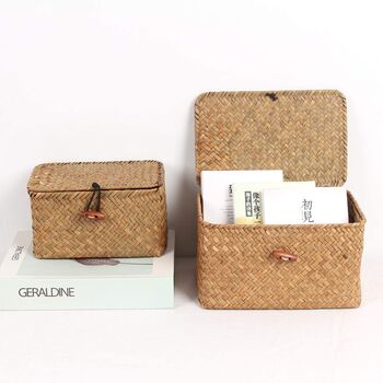 Set Of Three Small Seagrass Box Shelf Baskets With Lids, 3 of 8
