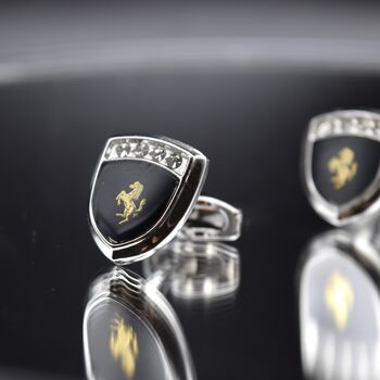 Ferrari Shield Cufflinks Luxury Car Gift For Men Black And Gold Design, 2 of 6