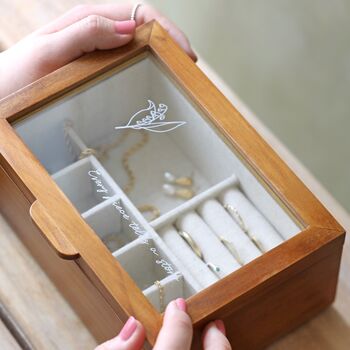 Personalised Birth Flower Glass Top Wood Jewellery Box, 3 of 12