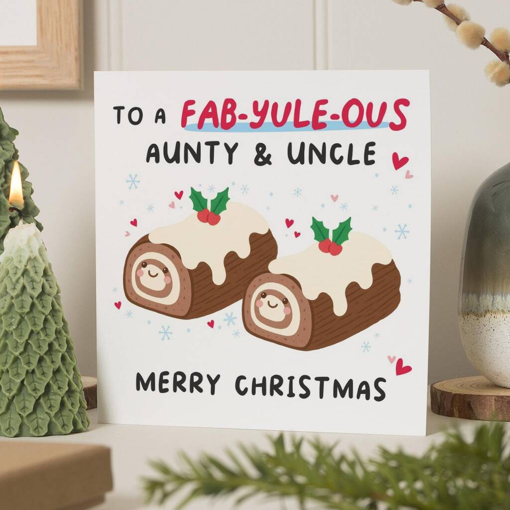 Personalised Yule Log Christmas Card Aunty And Uncle, 1 of 7
