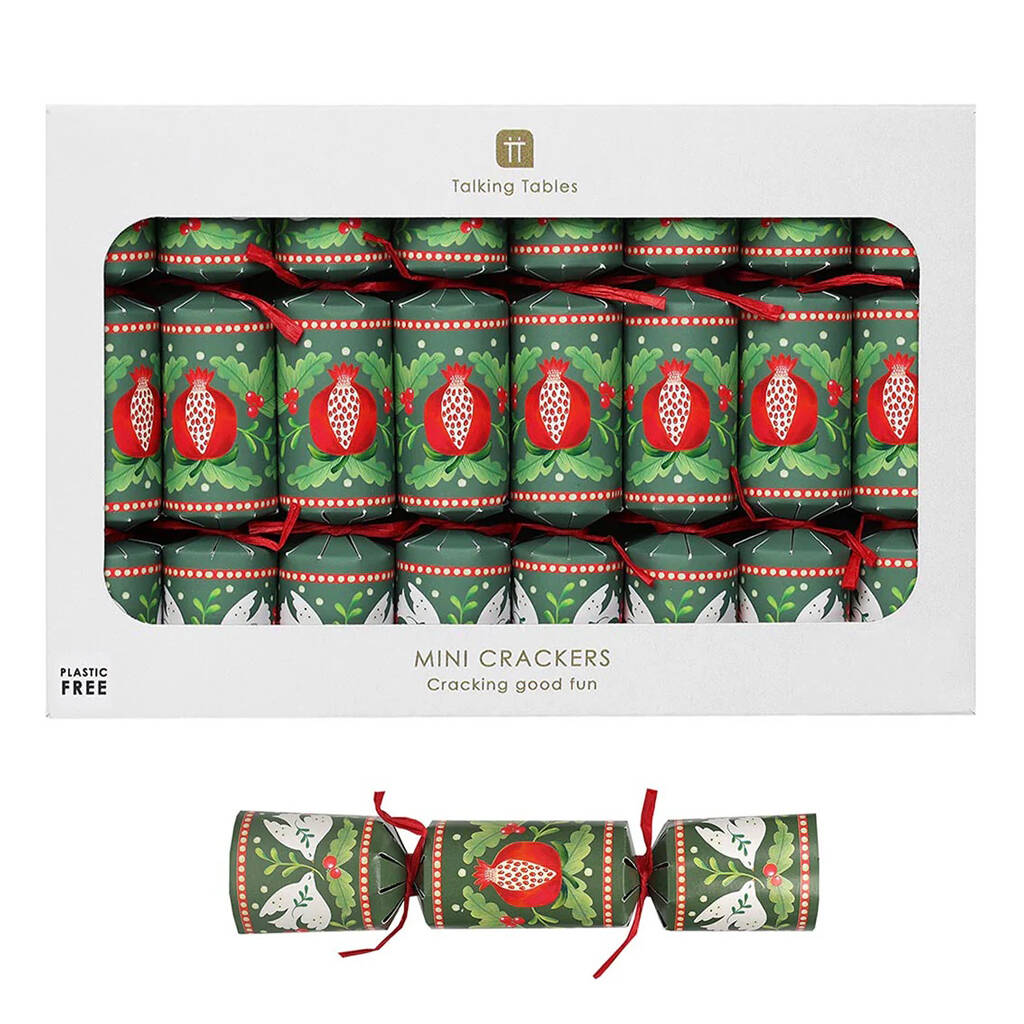 Green With Pomegranate Christmas Crackers Set Of Eight, 1 of 4