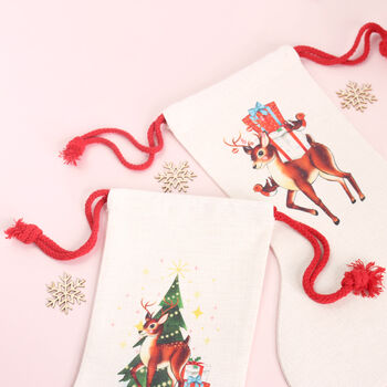 Retro Reindeer And Tree Linen Christmas Stocking, 4 of 4