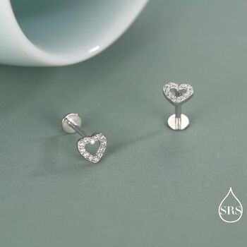 Tiny Open Heart Internally Threaded Flat Back Earrings In Sterling Silver, 4 of 11