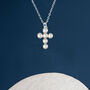Personalised Tiny Sterling Silver White Seed Pearl Cross Necklace, thumbnail 3 of 10