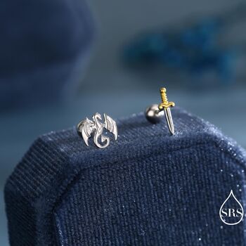 Sterling Silver Mismatched Dragon And Sword Stud Earrings, 4 of 12