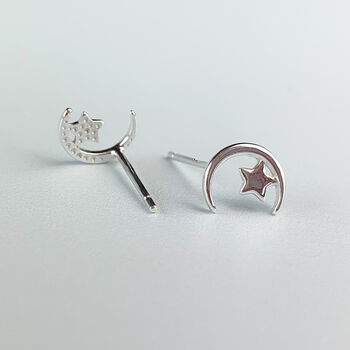 Sterling Silver Crescent Moon And Star Stud Earrings, 2 of 5