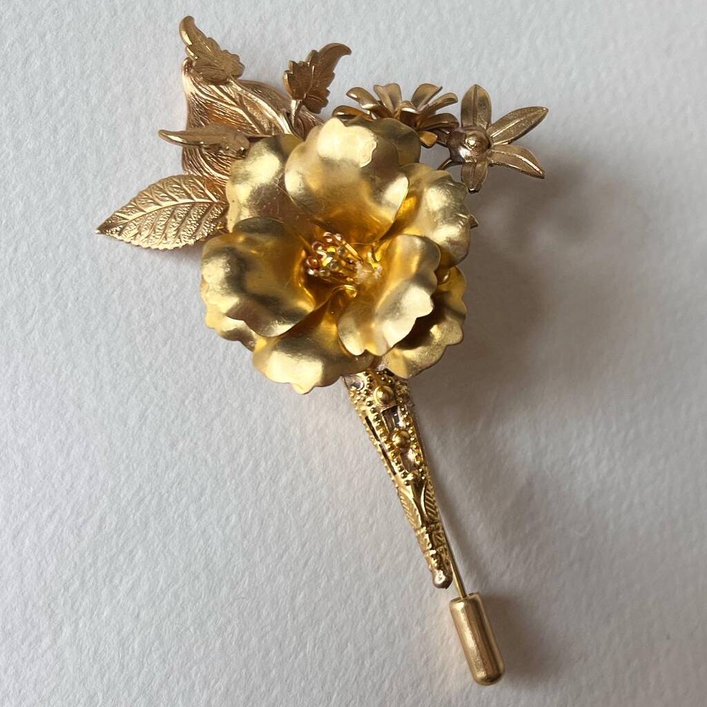 The Titania Buttonhole Gold Brass Floral Groom Lapel Pin Bouttoniere, 1 of 3