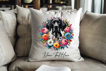 Personalised White And Black Shorthaired Pointer Summer Floral Dog Wreath Cushion And Mug Bundle, 4 of 4