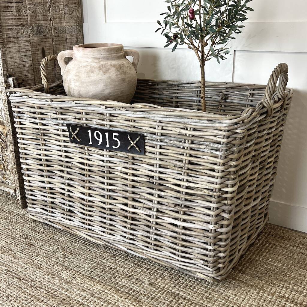 1915 Large Wicker Baskets On Wheels By Cowshed Interiors
