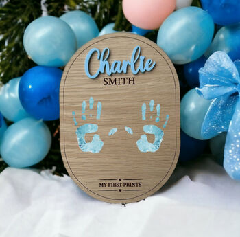 Personalised Oak Veneer Baby Prints Plaque, 2 of 3