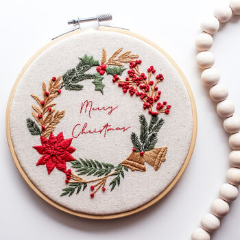 “Merry Christmas” Wreath With Festive Foliage Beginner Embroidery Kit, Hand Embroidery, 4 of 5