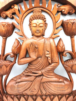 Buddha And Lotus Carved Wood Wall Panel 40cm, 3 of 5