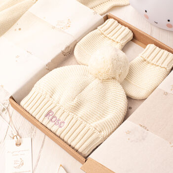 First Christmas Personalised Bobble Hat And Mittens Set, 2 of 12