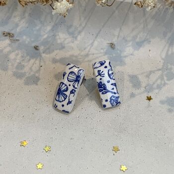 Minimalist Blue Floral Ceramic Bar Stud Earrings, Dainty Rectangular Studs, 5 of 11