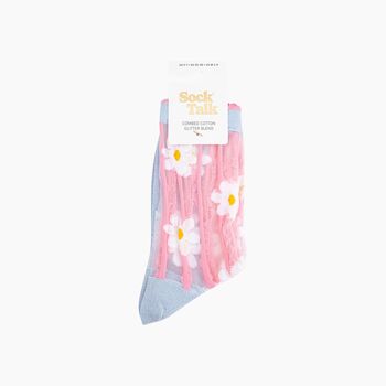 Daisy Stripes Combed Cotton Sheer Pop Socks In Blue/Pink, 4 of 4