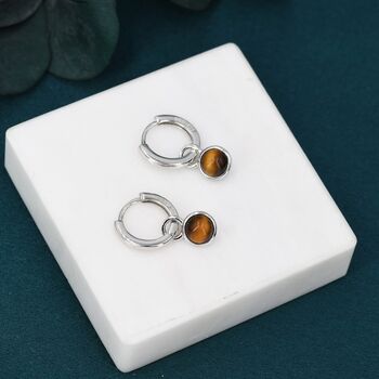 Sterling Silver Dangling Tiger's Eye Hoop Earrings, 7 of 12