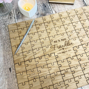 Personalised Oak Jigsaw Wedding Alternative Guestbook 82 Pieces, 4 of 6