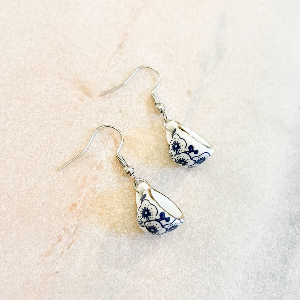 Delicate Blue And White Teacup Charm Dangle Earrings, 1 of 1