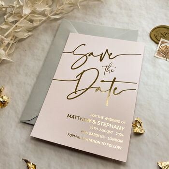 Save The Date Card In Pink And Gold Foil, 6 of 7