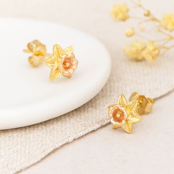 Gold Plated Sterling Silver March Birth Flower Daffodil Stud Earrings, 4 of 4