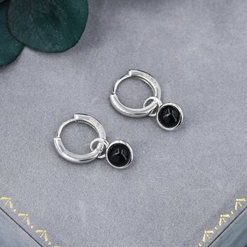 Sterling Silver Dangling Black Onyx Hoop Earrings, 7 of 11