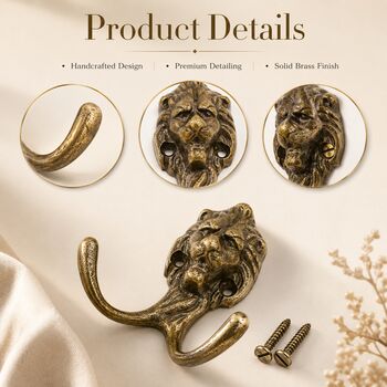 Vintage Brass Lion Wall Hooks Set Of Two, 4 of 9