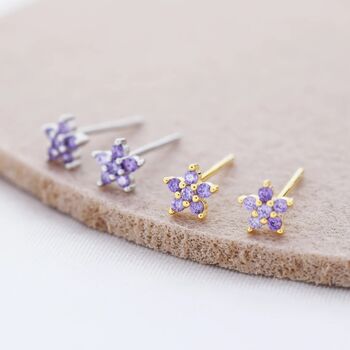 Sterling Silver Lilac Purple Flower Cz Stud Earrings, 4 of 12