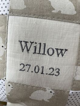 White Rabbits Name And Date Cushion, 5 of 5