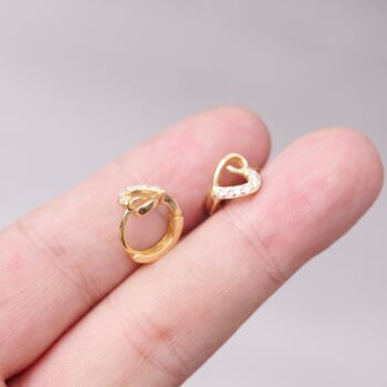 Gold Open Heart Huggie Hoops, Heart Cz Hoops, Minimalistic Hoops, 2 of 7