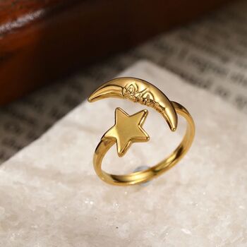 Boho Celestial Moon And Star Ring Adjustable Gold/Silver, 4 of 6