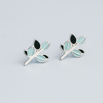 Sterling Silver Blue Leaf Stud Earrings, 2 of 5