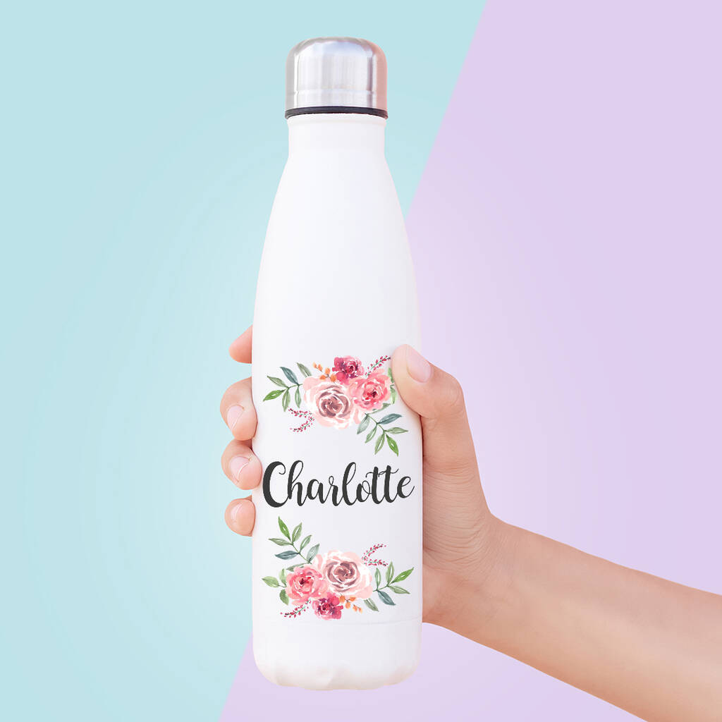 Personalised Watercolour Flowers Insulated Bottle