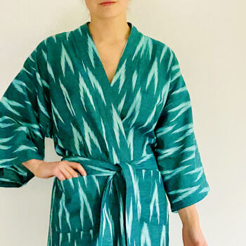 Cotton Wrap Kimono In Green Ikat Weave, 2 of 7