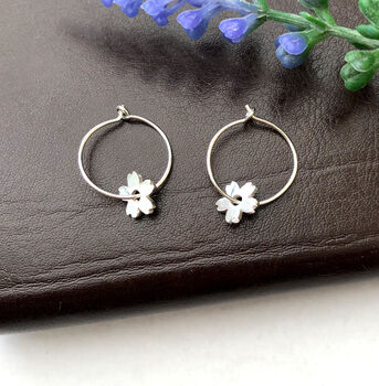 Sterling Silver Cherry Blossom Flower Hoop Earrings, 2 of 9