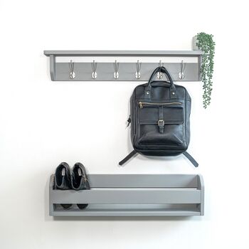 All Grey Coat Rack With Shelf, Shelf 10cm Deep, Shelf With Hooks, Black, Silver, Bronze, Copper, Chrome, Brass Hooks, Painted In F And B No.265, 3 of 7