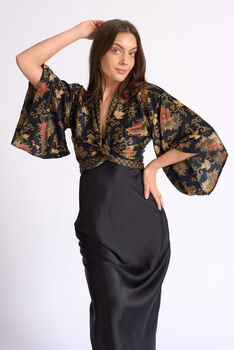 Black Batik Silk Blend Luxury Festival Wrap Top, 3 of 5