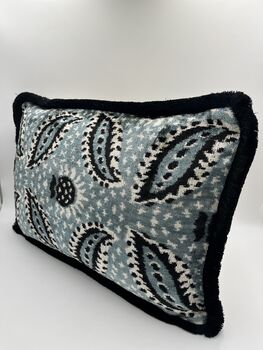 Modern, Oblong, Velvet, Ikat, Cushion With Black Silk Tassels Blue, Black And White Feather Design, 3 of 6