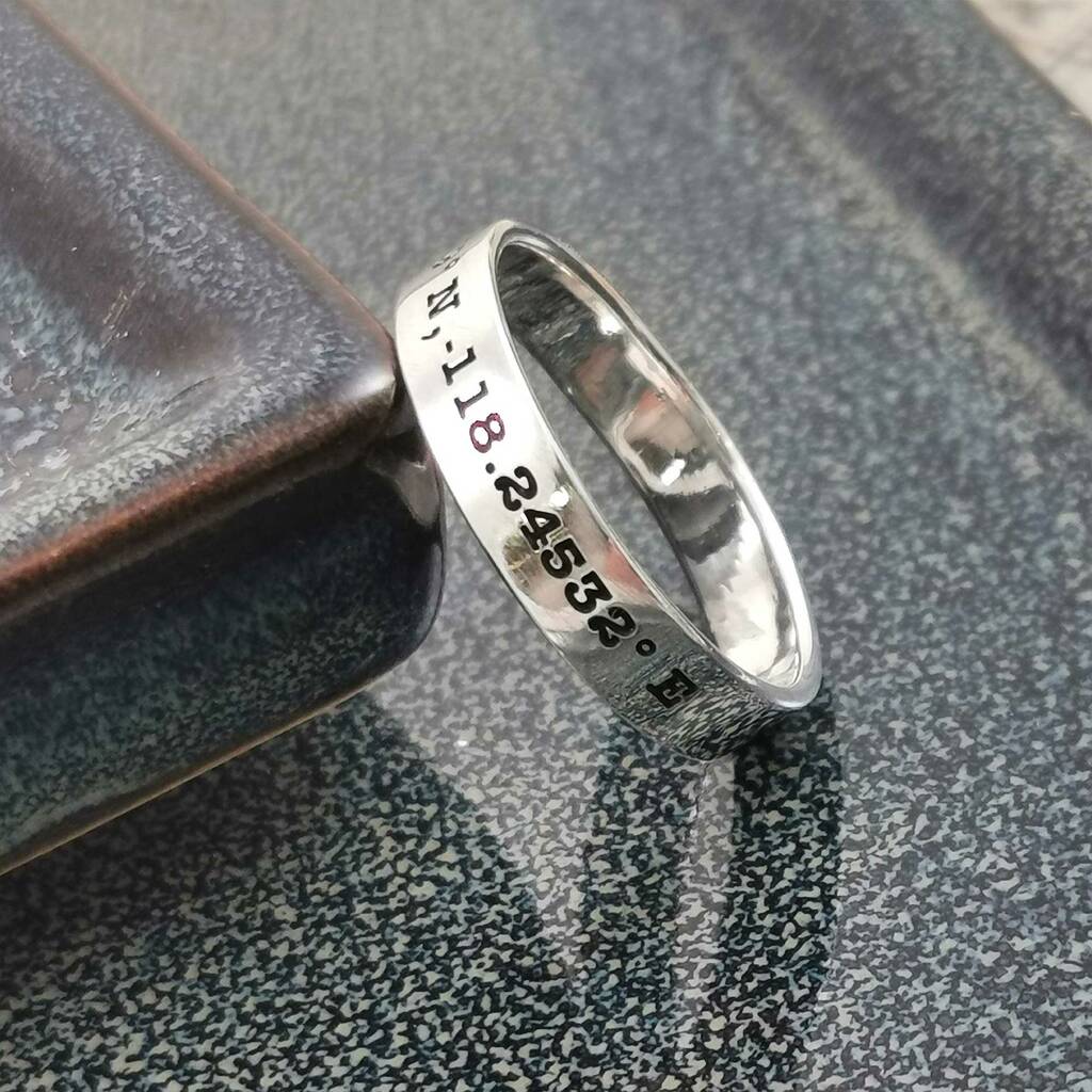GPS ring Band Ring Wedding Band,Custom wedding band 14k Solid Gold Christmas Gift Latitude Longitude Ring Coordinates Ring