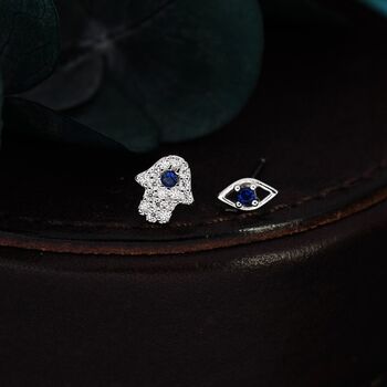 Sterling Silver Hamsa Hand And Evil Eye Stud Earrings, 6 of 12