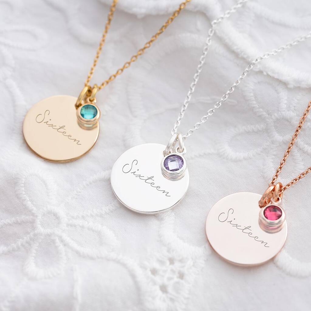 16th Birthday Disc And Birthstone Name Necklace By Bloom Boutique