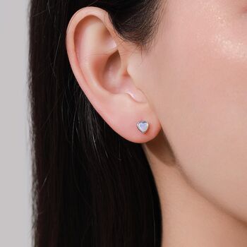 White Opal Heart Screw Back / Flat Back / Stud Earrings In Sterling Silver, 4 of 12
