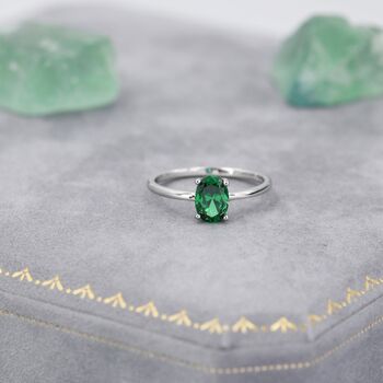 Sterling Silver One Carat Emerald Green Cz Oval Cut Ring, 3 of 11