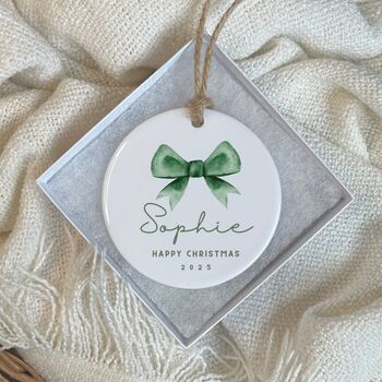Custom Text Christmas Ornament Bauble Bow, 3 of 4