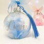 Personalised 'Born In' Blue Feather Filled Glass Bauble, thumbnail 3 of 5