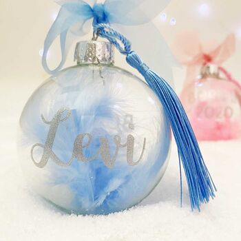 Personalised 'Born In' Blue Feather Filled Glass Bauble, 3 of 5