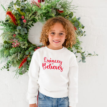 Personalised 'Believes' Christmas Embroidered Sweatshirt Jumper, 3 of 5